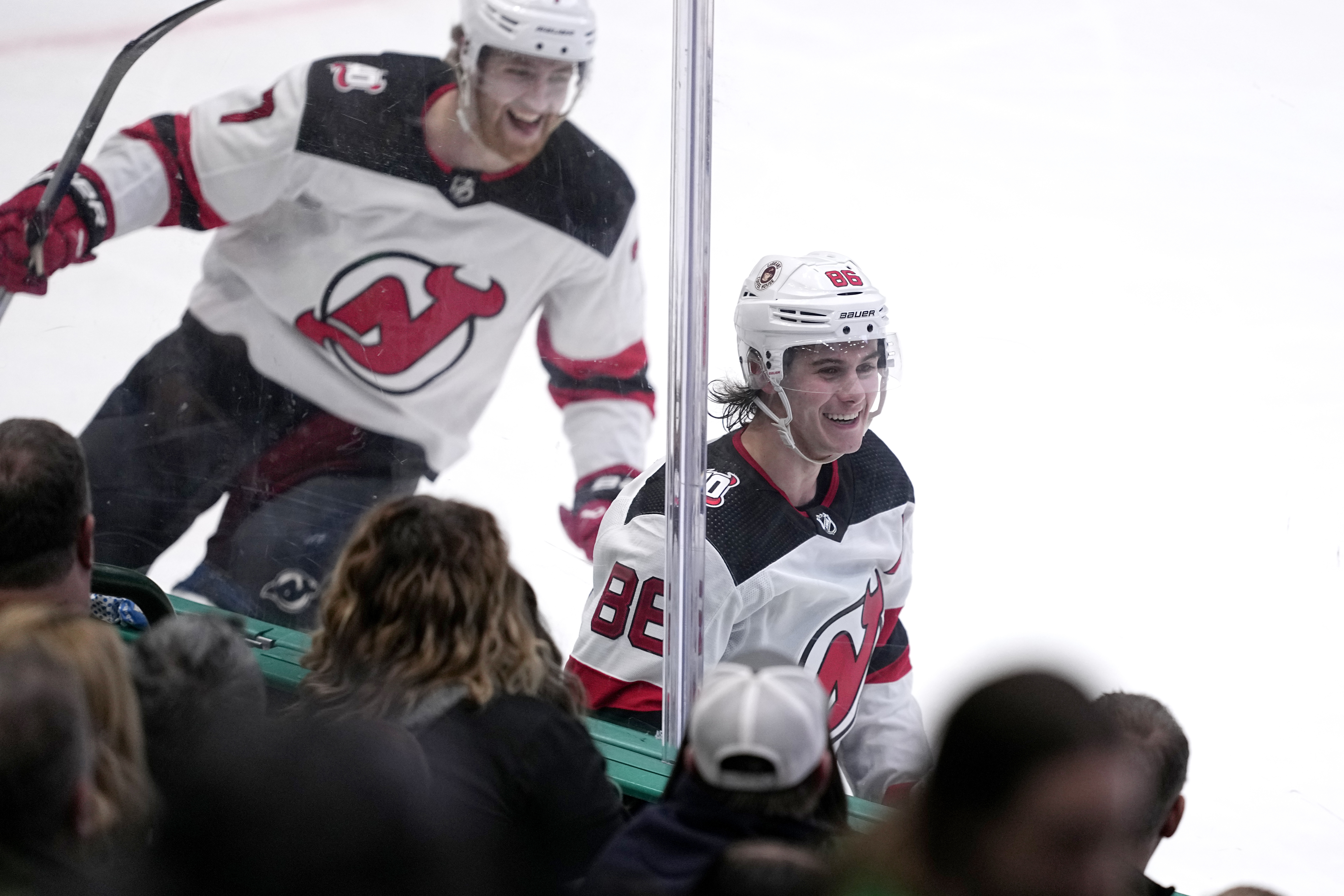 New Jersey Devils left wing Miles Wood (44) celebrates scoring a
