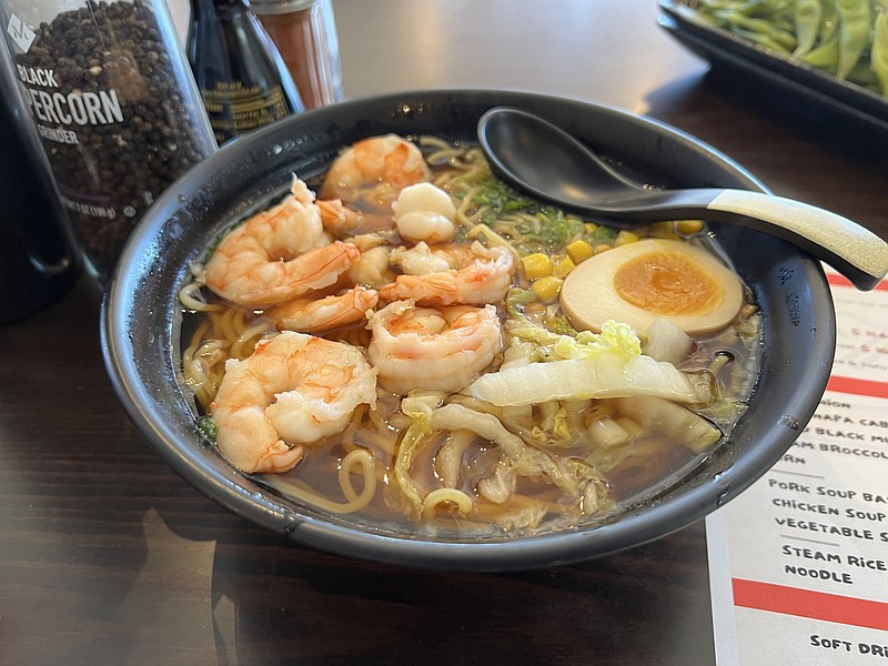 We got half-a-dozen shrimp our Shoyu Ramen (with a chicken-soup base) at Goku Ramen Bar in Maumelle. (Arkansas Democrat-Gazette/Eric E. Harrison)