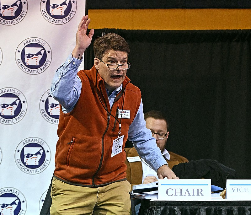 Grant Tennille waves to his fellow Democrats after being elected as the new chair of the Democratic Party of Arkansas during the party meeting Saturday, Jan. 28, 2023 at Shorter College in North Little Rock.
(Arkansas Democrat-Gazette/Staci Vandagriff)