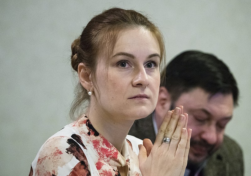 FILE - Russian national Maria Butina attends a meeting on human rights at the State Duma in Moscow, Russia, Friday, Nov. 22, 2019. (AP Photo/Pavel Golovkin, File)