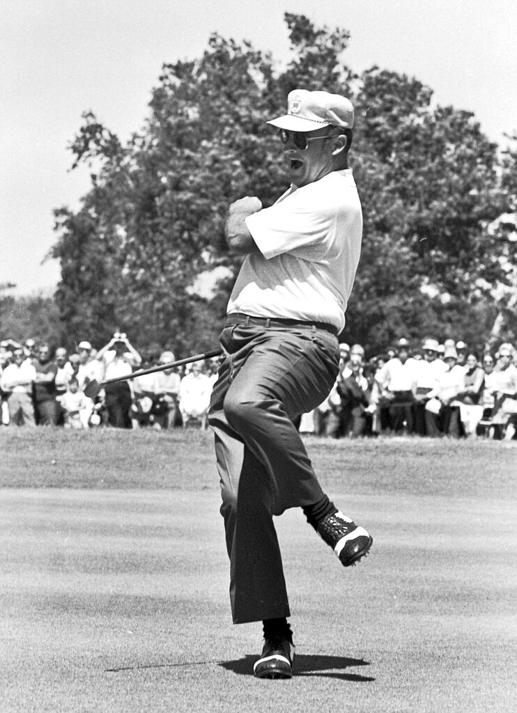 In this April 20, 1970, file photo, Miller Barber lets out a yowl after sinking a 12-foot birdie putt on the second hole of a sudden-death playoff to win the New Orleans Open golf tournament in New Orleans. (AP Photo/File)