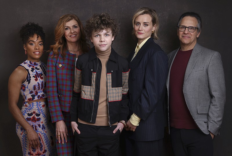 Actors Anna Uzele (from left), Connie Britton, Colin O’Brien, Taylor Schilling and creator and executive producer Jason Katims, from the Apple TV+ television series “Dear Edward,” pose for a portrait Jan. 18, in Pasadena, Calif. (Invision/AP/Willy Sanjuan)