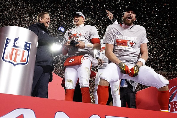 Kansas City Chiefs quarterback Patrick Mahomes (15) prepares to pass the  ball during the AFC Championship