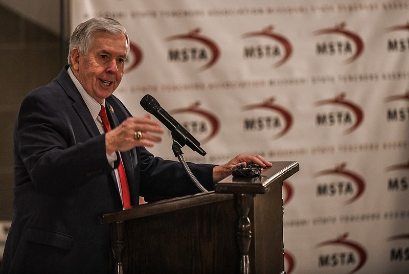 Julie Smith/News Tribune
Gov. Mike Parson addressed members of the Missouri State Teachers Association who visited the Capitol Tuesday to lobby legislators on behalf of their profession. As he spoke, Parson highligted the money put toward education under his administration.