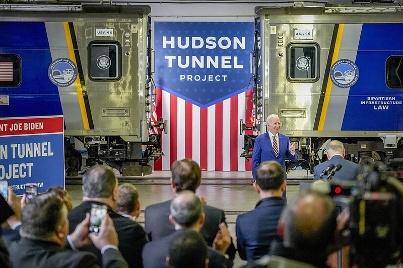 President Joe Biden arrives at the construction site of the Hudson Tunnel Project, Tuesday, Jan. 31, 2023, in New York. Biden is traveling to New York City to showcase a $292 million mega grant that will be used to help build a rail tunnel beneath the Hudson River. (AP Photo/John Minchillo)