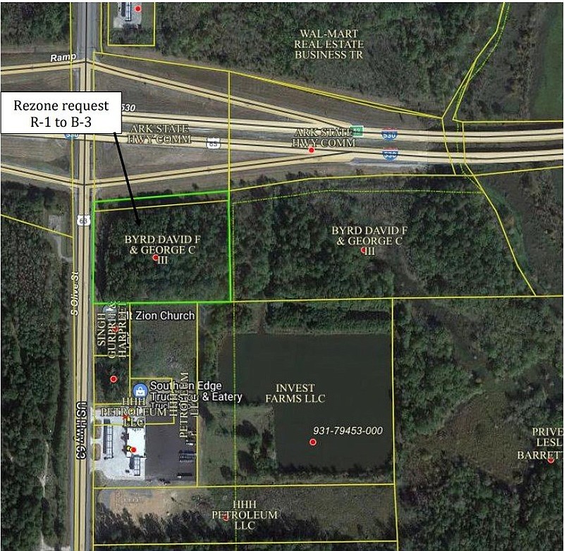 Land on the southeast corner of Interstate 530 and Olive Street in Pine Bluff has been rezoned to highway commercial. (Special to The Commercial)