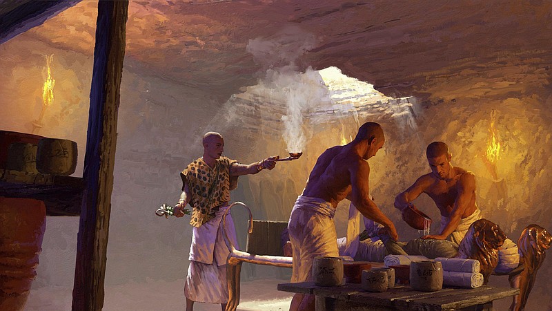 This illustration provided by Nikola Nevenov in January 2023 depicts a priest during an embalming process in an underground chamber in Saqqara, Egypt. For thousands of years, ancient Egyptians mummified their dead to help them reach eternal life. According to study published Wednesday, Feb. 1, in the journal Nature, researchers have used chemistry and an unusual collection of jars to figure out how they did it. (Nikola Nevenov via AP)