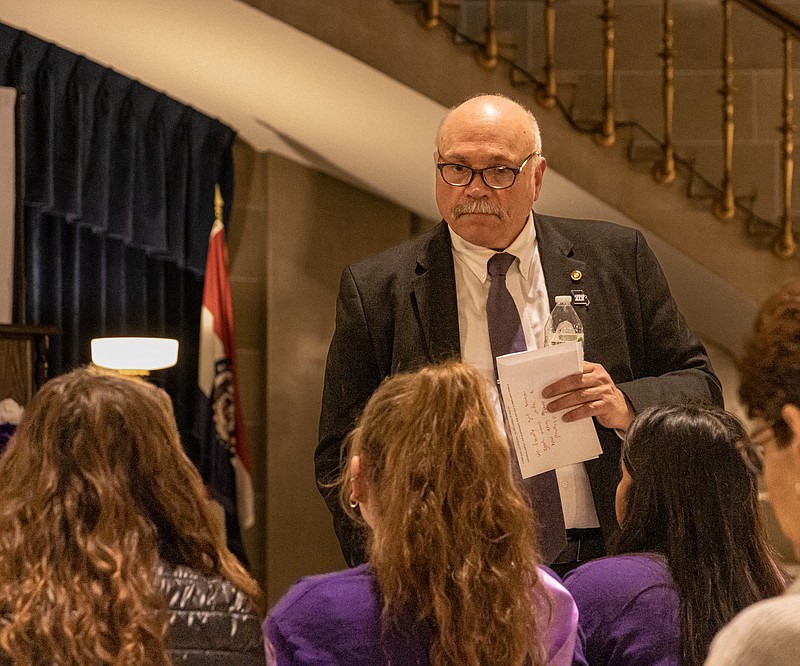 Josh Cobb/News Tribune photo: Don Mayhew speaks with some of the people in the crowd prior to the Memory Day event on Wednesday, Feb. 1, 2023. The event was held at the Missouri Capitol.