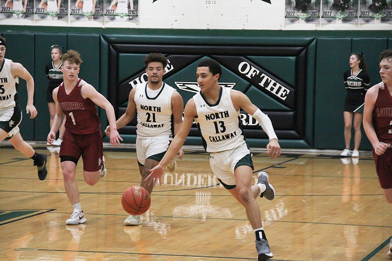 North Callaway's Matthew Weber dribbles the ball against Louisiana Wednesday night at North Callaway High School in Kingdom City. (Mexico Ledger/Jeremy Jacob)