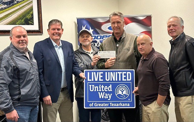 Representatives of Cooper Tire and Rubber Co.'s Community Foundation present a check for $25,000 to the United Way on Thursday, Feb. 2, 2023, during a presentation at the plant in Texarkana, Ark. The funds will go toward the United Way of Greater Texarkana's annual campaign, which has a goal of $900,000. The campaign funds more than 30 programs in a nine-county region that includes parts of Texas and Arkansas. Pictured, from left, are Tommy Cullins, Cooper Tire plant manager; Mark Bledsoe, United Way president; Kerry Halter, United Steelworkers Local 752L president; Kyle Thomas, Cooper Tire distribution operations manager; Mike Mahone, United Way chairman; and David Mims, 2023 United Way campaign chairman. (Photo courtesy United Way)