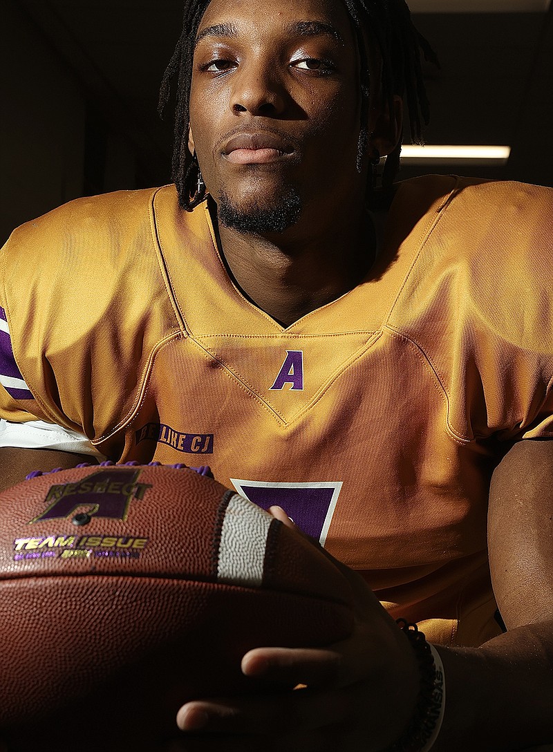 On Thursday, Shamar Easter of Ashdown, Ark., poses for a portrait before signing his national letter of intent to play football for the University of Arkansas in Fayetteville, Ark. (Photo by JD for the Texarkana Gazette)