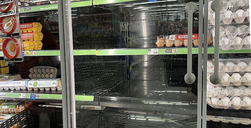 Empty space in a grocery store shows where the dozen egg containers were. Only a few stragglers, plus flats of 18-egg cartons remained Jan. 23. (Special to The Commercial/University of Arkansas System Division of Agriculture)