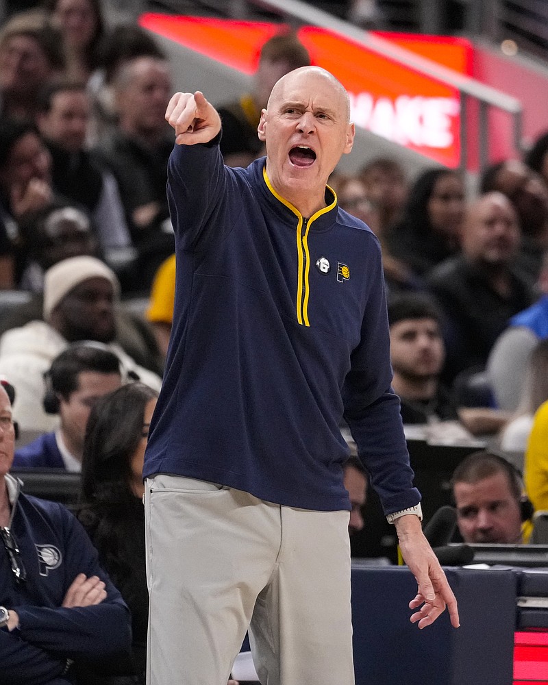 Indiana Pacers head coach Rick Carlisle yells to his team during the second half of an NBA basketball game against the Los Angeles Lakers in Indianapolis, Thursday, Feb. 2, 2023. The Lakers defeated the Pacers 112-111. (AP Photo/Michael Conroy)