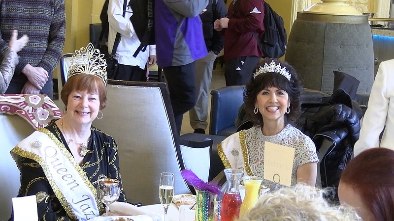 H.R.H. Peggy Holt, Queen Jazz VIII, left, sits next to H.R.H. Dona Pettey, Queen Jazz XI, who was inducted into the Royal Order of Queens on Friday during their annual luncheon. – Photo by Lance Porter of The Sentinel-Record