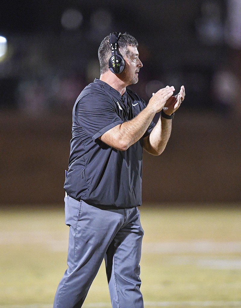 Charleston head coach Ricky May reacts on the sideline, Friday, Oct. 21, 2022.
(NWA Democrat-Gazette/Hank Layton)