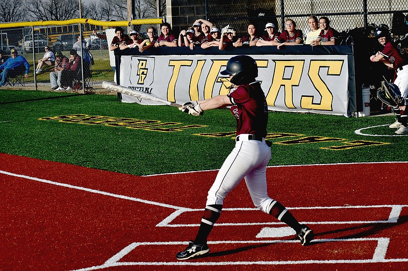 Mark Humphrey/Enterprise-Leader
Lincoln senior catcher Lily Riherd smashed a bases-clearing double in the top of the sixth that provided the Lady Wolves some insurance runs they would need because Prairie Grove's Elizabeth Stoufer hammered a 2-run homer in the bottom of the seventh. Lincoln held on for the 5-3 nonconference softball rivalry win Friday.