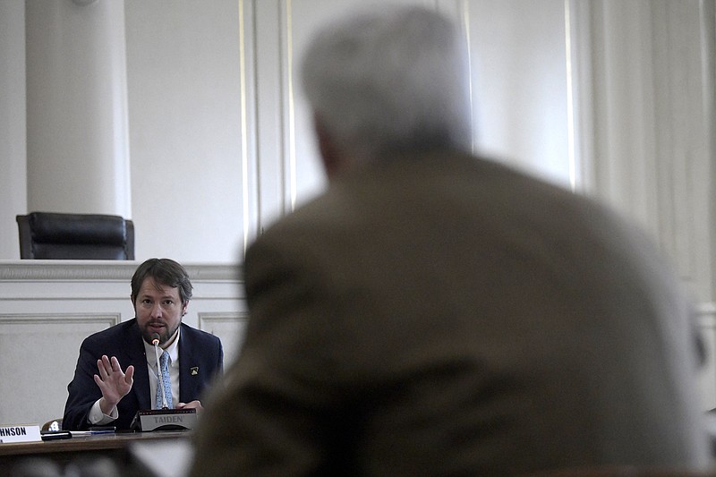 Arkansas Senator Clarke Tucker, D-Little Rock, asks Senator Dan Sullivan, R-Jonesboro, a question as Sullivan presents Senate Bill 71, which would prohibit discrimination or preferential treatment by the state and other public entities, during a meeting of the Senate Committee on State Agencies and Governmental Affairs at the State Capitol on Tuesday, Jan. 31, 2023.

(Arkansas Democrat-Gazette/Stephen Swofford)