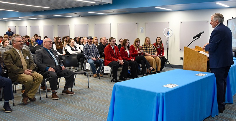 Julie Smith/News Tribune photo: 
Gov. Mike Parson addresses Nichols Career Center students and staff Tuesday, Feb. 7, 2023, during his visit to the center to congratulate Skills USA students on their accomplishments thus far and to present them with a resolution to recognize them and their work.