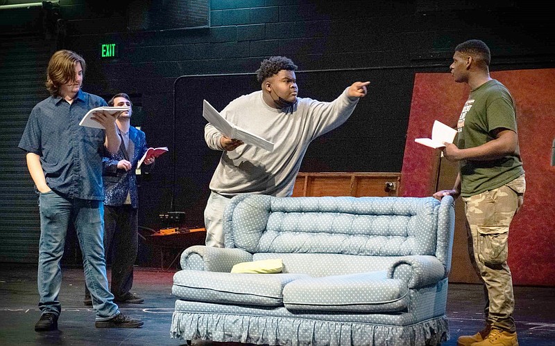Dorian Hunter (left) Will Witt, Keiren Minter and Raymond Wallace rehearse a scene from “The Play That Goes Wrong.” Performances begin Feb. 16 at the Arts & Science Center for Southeast Arkansas. (Special to The Commercial/Arts & Science Center for Southeast Arkansas)