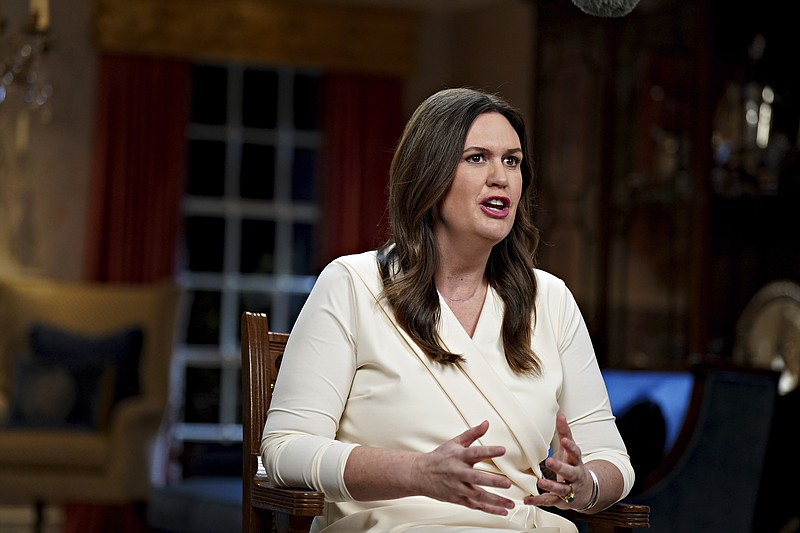 Gov. Sarah Huckabee Sanders, R-Ark., speaks while delivering the Republican response to President Biden's State of the Union address Tuesday in Little Rock. - Al Drago/Bloomberg, Pool