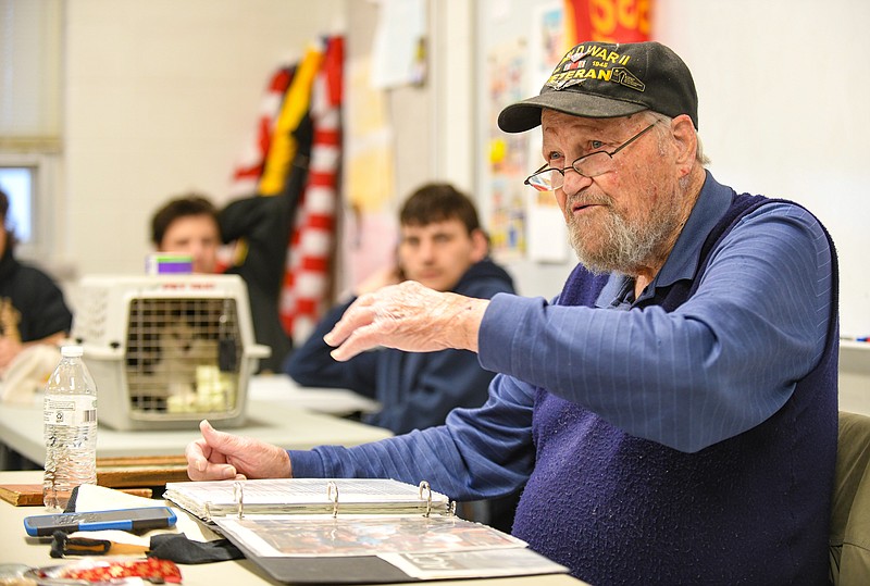 Julie Smith/News Tribune photo: 
Don Lee, a World War II veteran of the United States Navy, visited Denise Crider's World War II class at Russellville High School Wednesday, Feb. 8, 2023, to talk about his experiences in the Navy, among them flying on a zeppelin. He also had over 300 hours in an open air cockpit plane.