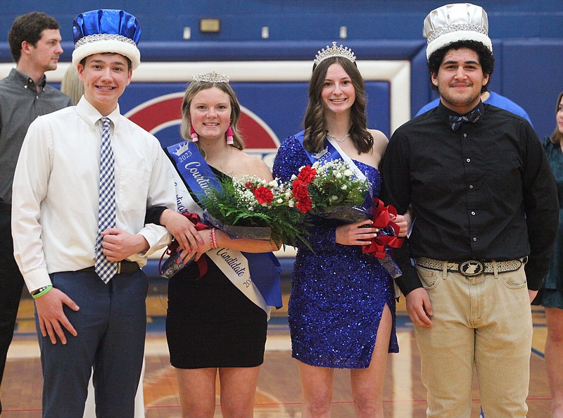 The 2023 California Courtwarming winners. From left to right: King Cole Kirksey, Queen Alayna Butts, Princess Penelope Cotten, and Prince Alexis Anguiano. (Democrat photo/Evan Holmes)