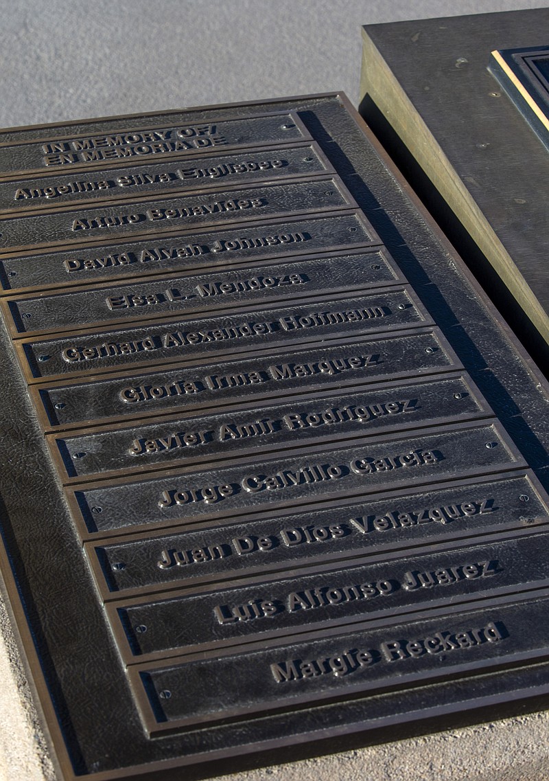 A plaque showing the names of some of the victims of the August 2019 mass shooting is pictured at the memorial site in El Paso, Texas, Wednesday, Feb. 8, 2023. Patrick Crusius, the defendant in the deaths of 23 people at an El Paso Walmart is expected to plead guilty during a re-arraignment hearing in federal court. (AP Photo/Andrés Leighton)