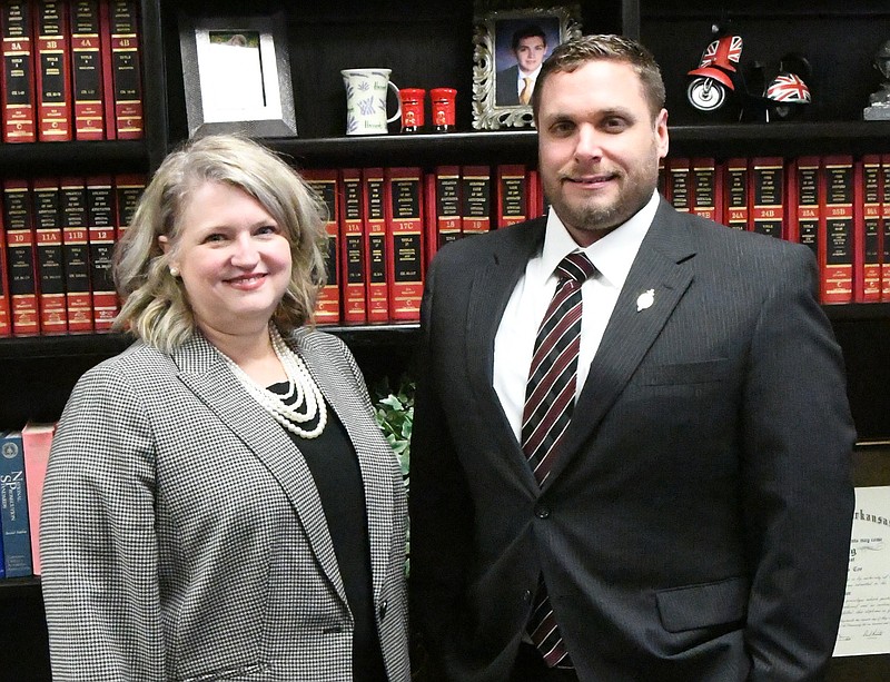 Garland County Prosecuting Attorney Michelle Lawrence, left, is shown with Deputy Prosecutor Trent Daniels in her office in November 2021. - File photo by The Sentinel-Record