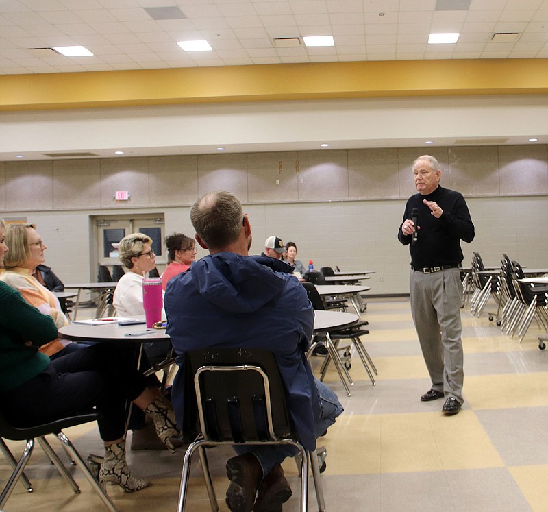 Lynn Kutter Enterprise-Leader
Ken James with McPherson & Jacobson LLC facilitates a community meeting Feb. 8 to gather public input for the search to hire Prairie Grove School District's next superintendent.