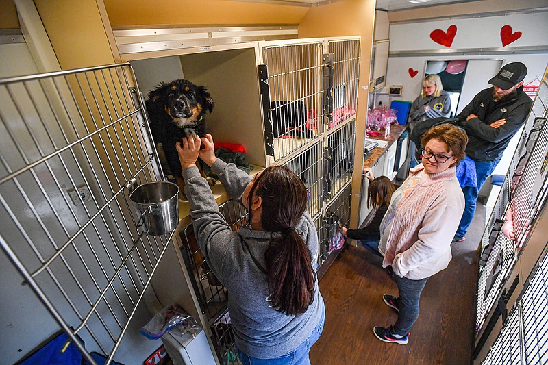 Kylie Roe (left) and other Fort Smith Animal Haven staff members greet visitors Friday in their mobile adoption center at a two-day My Furry Valentine adoption event outside Petco in Fort Smith. The city’s directors meeting on Tuesday included an ordinance prohibiting the transfer of animals within the city. Visit nwaonline.com/photo for today's photo gallery.
(River Valley Democrat-Gazette/Hank Layton)