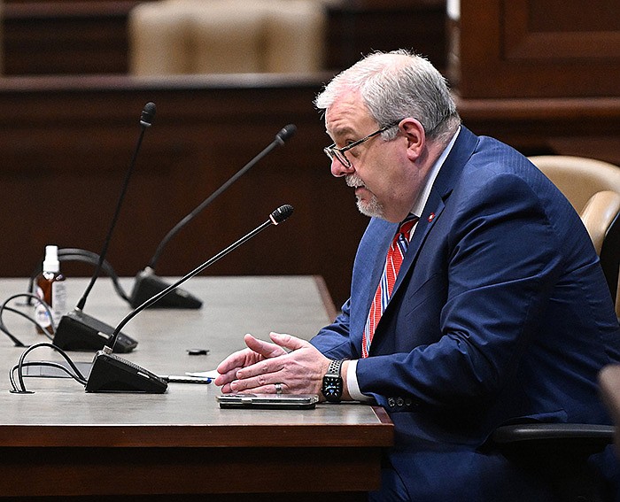 Jim Hudson, chief of staff for the Department of Commerce, answers questions regarding the high broadband grants from the Joint Budget Committee on Thursday at the state Capitol in Little Rock.
(Arkansas Democrat-Gazette/Staci Vandagriff)