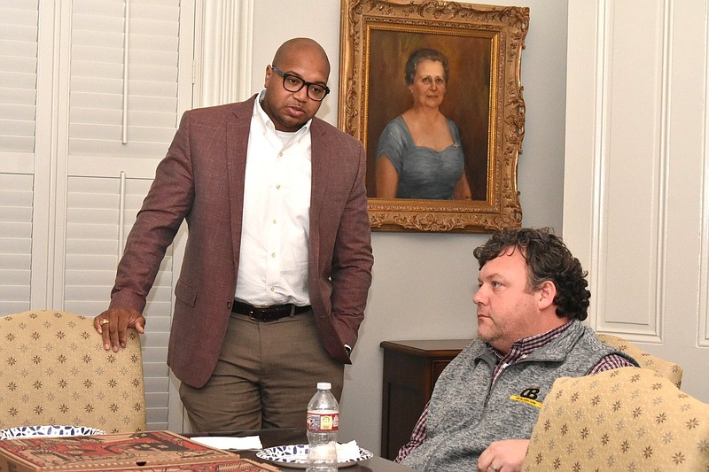 Go Forward Pine Bluff CEO Ryan Watley opens a meeting with Pine Bluff city councilmembers including Steven Shaner on Thursday inside the Du Bocage House. (Pine Bluff Commercial/I.C. Murrell)