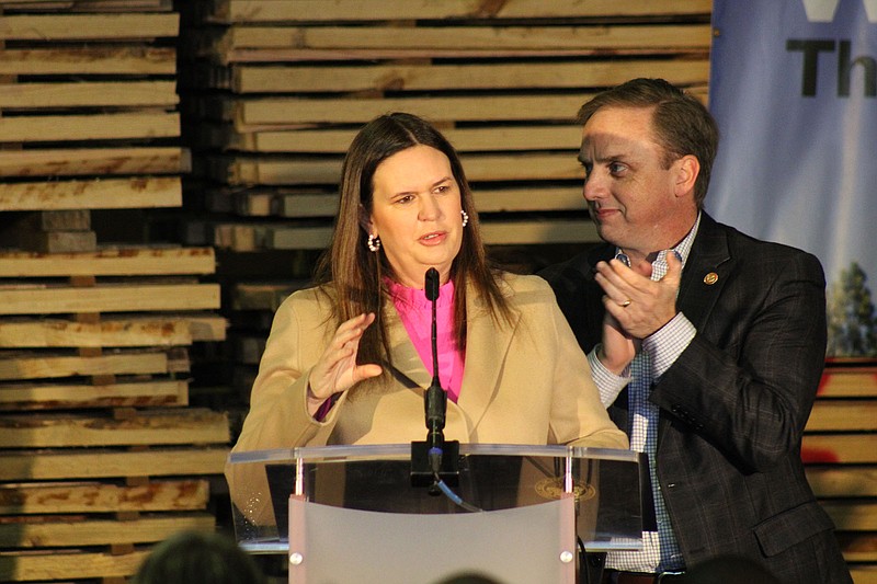 Photo by Michael Hanich
Arkansas Governor Sarah Sanders, flanked by Speaker of the Arkansas House of Representatives Mathew J. Shepherd,   speaks at Camden Timbers on Friday, February 10. Gov. Sanders spoke of the importance to Camden in driving economic impact in Arkansas.