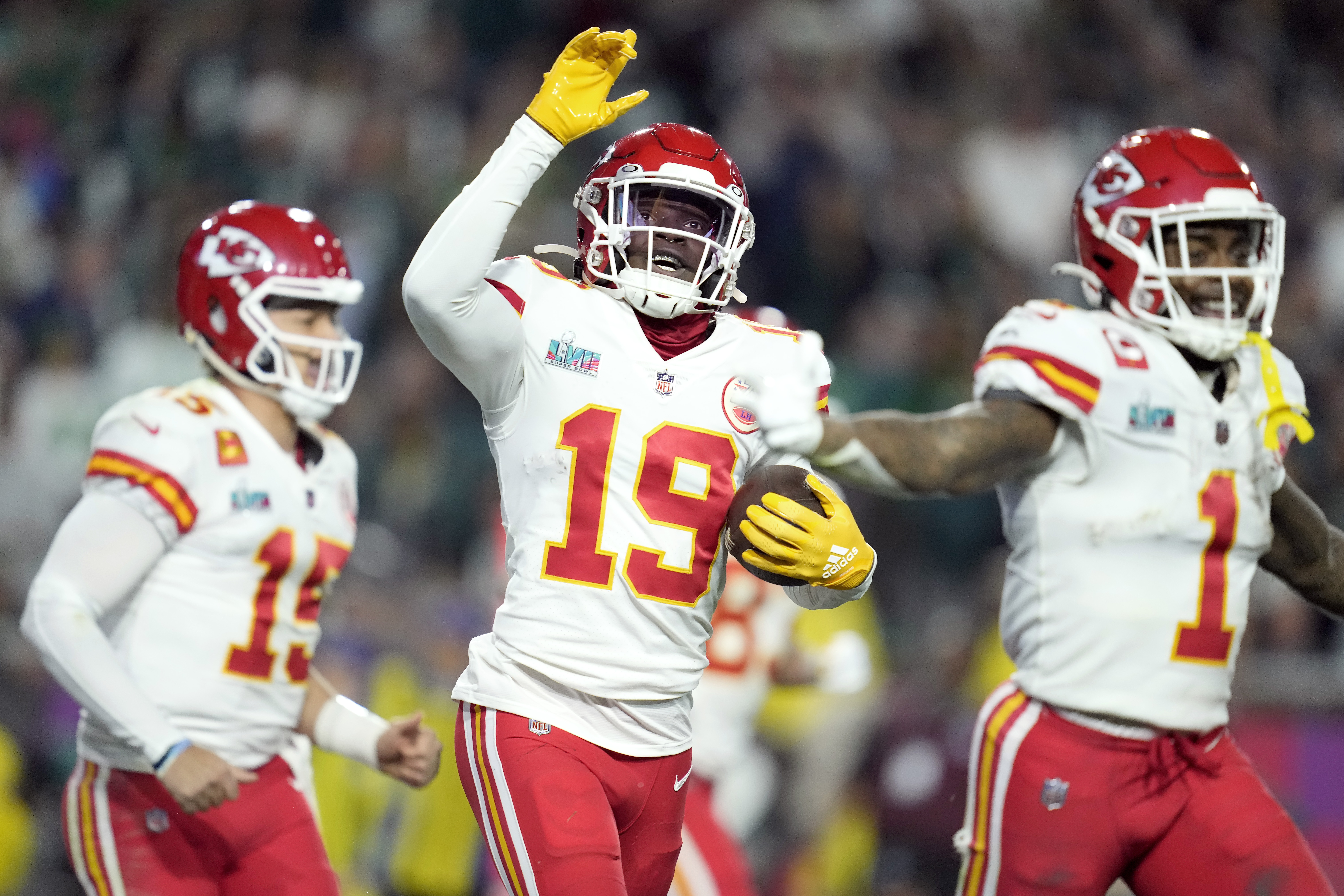 Kansas City Chiefs wide receiver Skyy Moore celebrates a punt