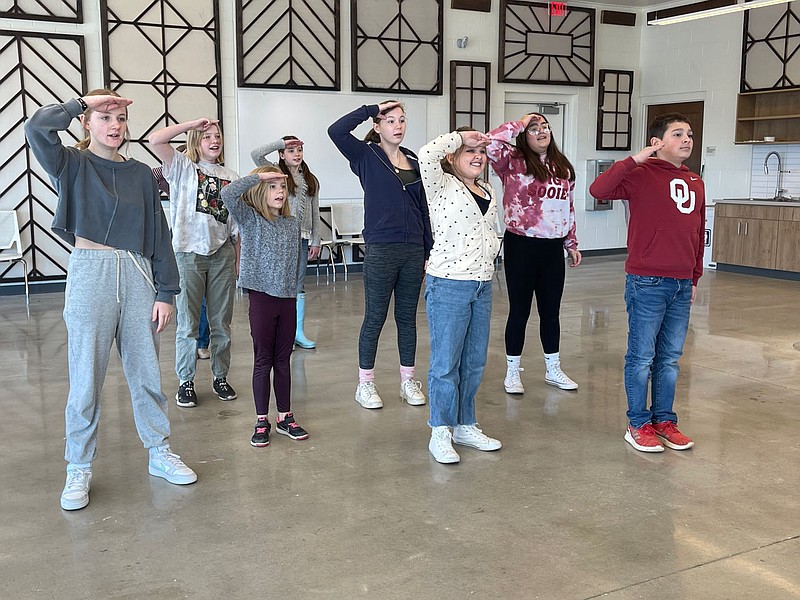 Maylie Martin, Annabelle Hinton, Eleanor Lachowsky, Nora Lodes, Maddy Webb, Lillie Vansell, Madison Montague and Easton DeLude rehearse for “Wonderland: The REAL Story,” in which Alice goes down the rabbit hole to meet “Dracula, Little Bo Peep and Cinderella, as well as some of the beloved Wonderland characters like the Mad Hatter and the Tweedles,” says playwright Missy Gipson.

(Courtesy Photo)