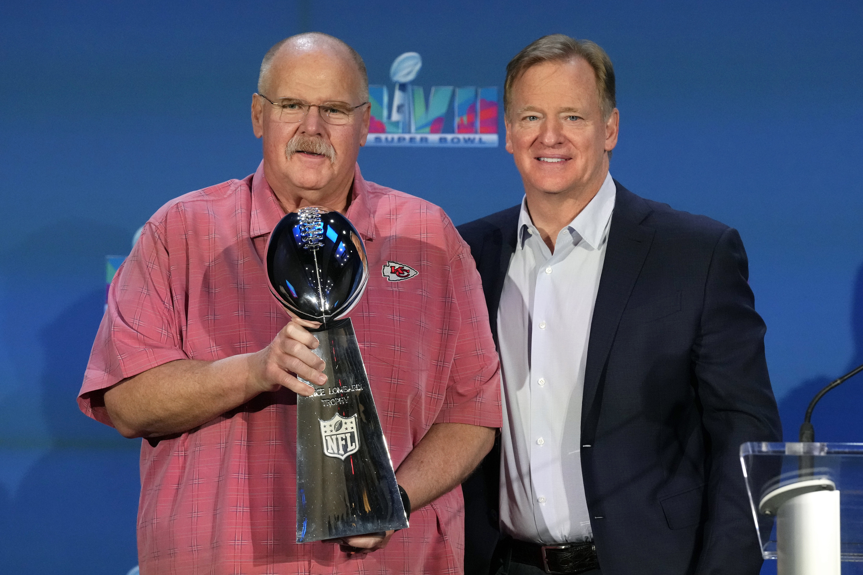 Feb 13, 2023; Phoenix, AZ, USA; Kansas City Chiefs coach Andy Reid (left) and NFL commissioner Roger Goodell pose with Vince Lombardi trophy during the Super Bowl 57 Winning Team Head Coach and MVP press conference at the Phoenix Convention Center. Mandatory Credit: Kirby Lee-USA TODAY Sports (Green Bay Packers)