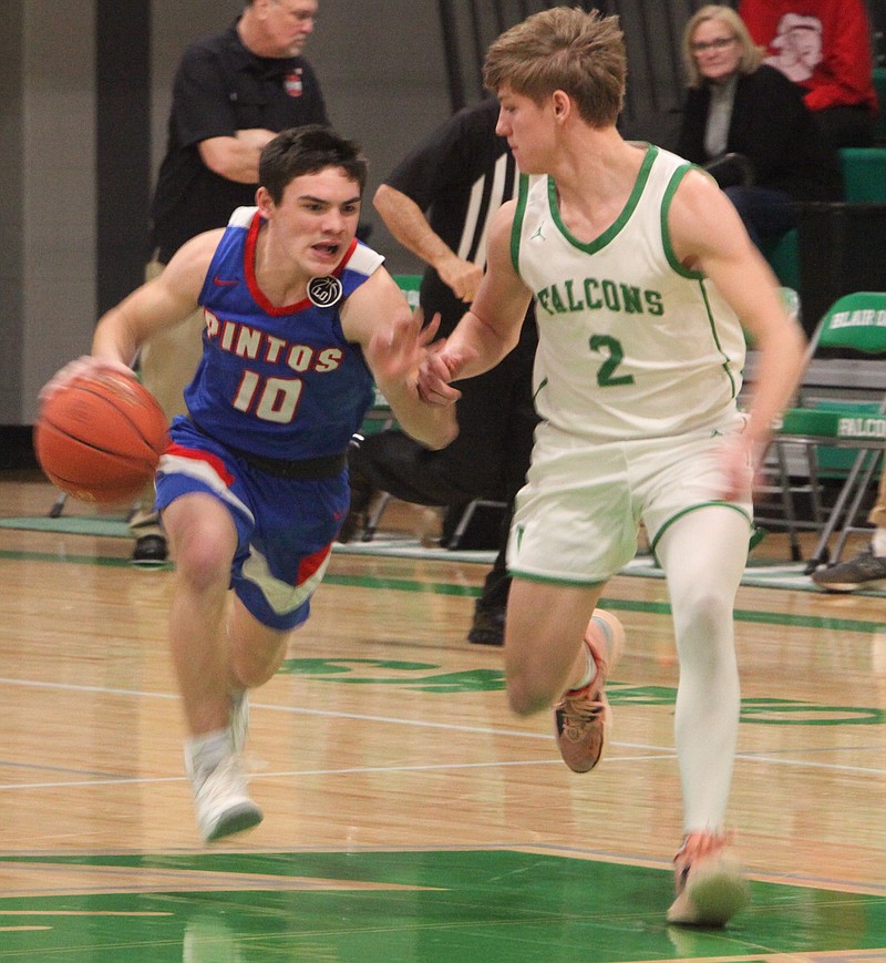 Sophomore Brooks Volkart charges past Alec Wieberg to help California get a first quarter lead. Volkart had seven points, three assists, and two rebounds against Blair Oaks. (Democrat photo/Evan Holmes)