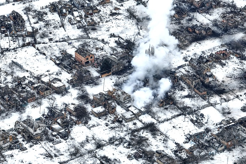 An aerial view of Bakhmut, the site of heavy battles with Russian troops in the Donetsk region, Ukraine, Tuesday, Feb. 14, 2023. (AP Photo/Libkos)