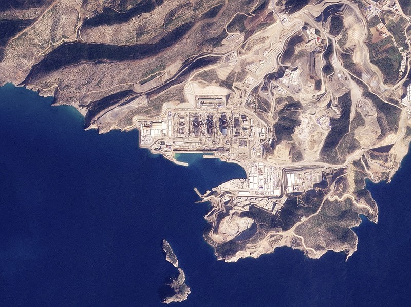 This satellite image from Planet Labs PBC shows the under-construction Akkuyu nuclear power plant in Mersin province, Turkey, Friday, Feb. 10, 2023. Devastating earthquakes toppled buildings across northern Syria and neighboring Turkey but the large nuclear power station didn't sustain any damage. (Planet Labs PBC via AP)