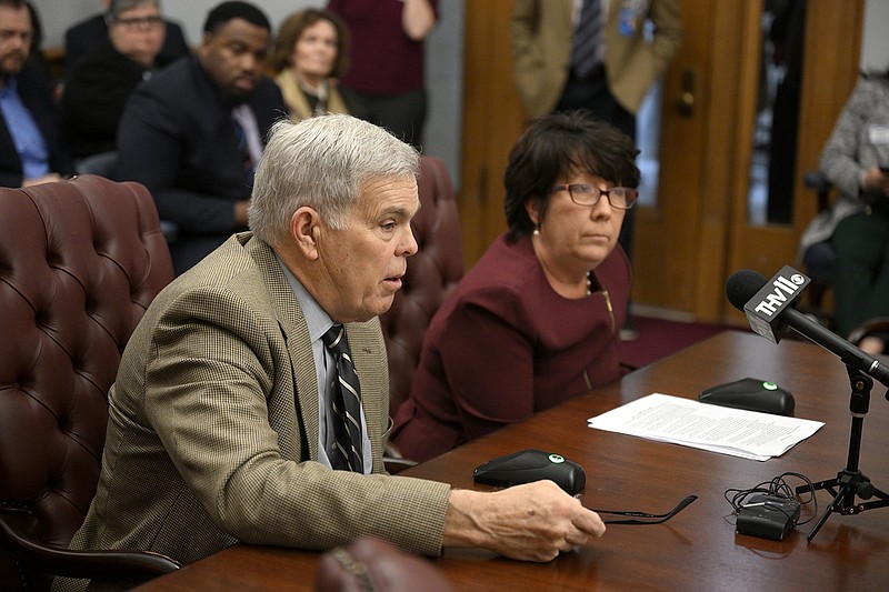 Senator Dan Sullivan, R-Jonesboro, and Representative Mary Bentley, R-Perryville, present House Bill 1156, which would restrict transgender people from using the bathroom of their choice at public schools, during a meeting of the The Arkansas Senate Education Committee at the State Capitol on Wednesday, Feb. 15, 2023.
(Arkansas Democrat-Gazette/Stephen Swofford)