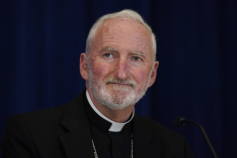 Bishop David O'Connell, of the Archdiocese of Los Angeles, attends a news conference at the Fall General Assembly meeting of the United States Conference of Catholic Bishops on Nov. 17, 2021, in Baltimore.  O'Connell was found dead of a gunshot wound Saturday, Feb. 18, 2023, in Hacienda Heights, Calif., according to the Los Angeles Times.  (AP Photo/Julio Cortez, File)