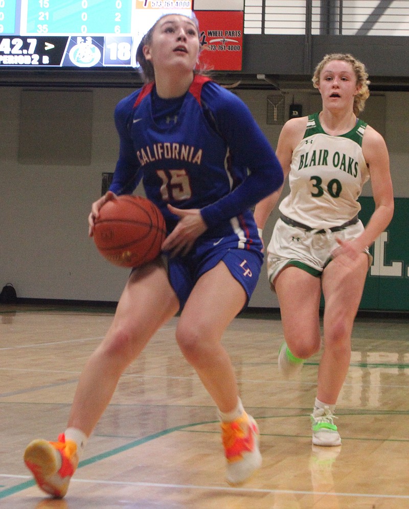 Sophomore guard Hailey Rademan scores a fast break basket for the Lady Pintos in the third quarter in their 47-41 win at Blair Oaks on Thursday night. (Democrat photo/Evan Holmes)