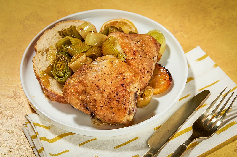 Roasted Chicken Thighs With Leeks and Lemons. (Photo by Rey Lopez for The Washington Post.)