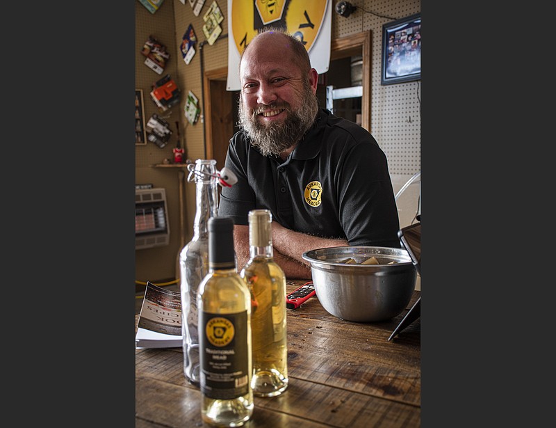 Tony Fry, an IT professional by day, is the man behind Arkansas Meadery, the state’s first known producer of mead, an ancient alcoholic drink. (Arkansas Democrat-Gazette/Cary Jenkins)