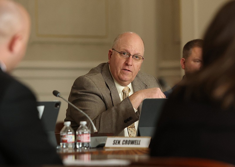 Sen. John Payton, R-Wilburn, asks a question during a meeting of the Senate Committee on State Agencies and Governmental Affairs at the state Capitol on Tuesday, Feb. 21, 2023. (Arkansas Democrat-Gazette/Colin Murphey)