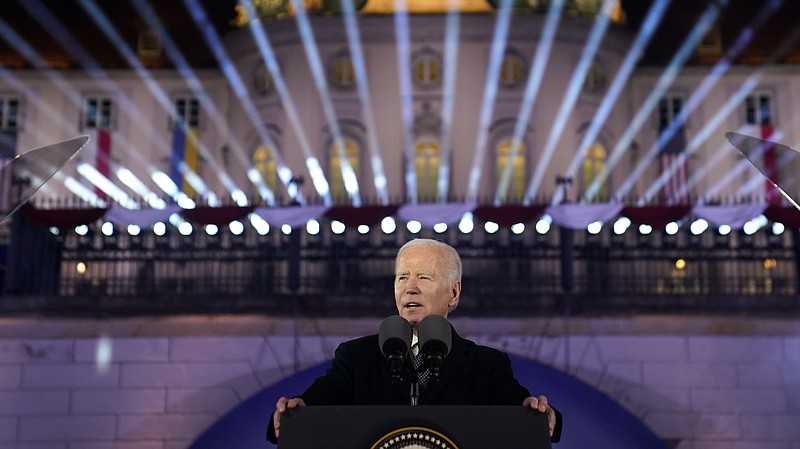 The Associated Press
President Joe Biden delivers a speech marking the one-year anniversary of the Russian invasion of Ukraine on Tuesday at the Royal Castle Gardens in Warsaw.