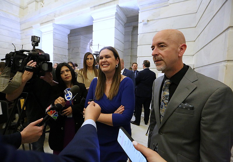 Gov. Sarah Huckabee Sanders (center) and Secretary of Education Jacob Oliva (right) answer questions about the education bill following Sanders speech to homeschoolers on Tuesday, Feb. 21, 2023, at the state Capitol in Little Rock. 
(Arkansas Democrat-Gazette/Thomas Metthe)