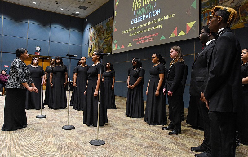 Julie Smith/News Tribune
Directed by Michelle Gamblin-Green, foreground left, the Lincoln University Vocal Ensemble performed the song  "My God is so High" during the Black History Month celebration at the Harry S. Truman State Office Building Thursday.