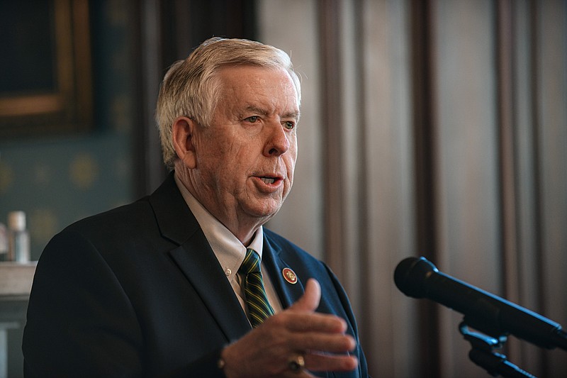 Julie Smith/News Tribune
Gov. Mike Parson answers questions while addressing members of the media Thursday during Missouri Press Association Day at the Capitol. The annual event features meetings with legislators in the Capitol followed by lunch and a press conference at the Governor's Mansion.