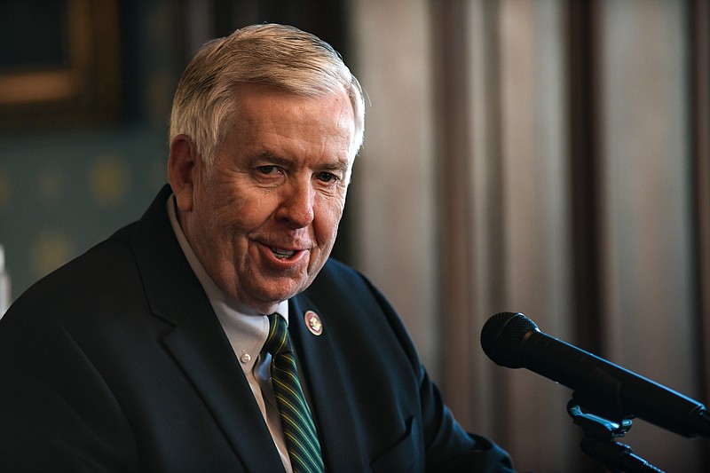 Julie Smith/News Tribune photo: 
Missouri Gov. Mike Parson answers questions while addressing members of the media Thursday, Feb. 23, 2023, at the state Capitol.